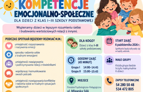 ZAPRASZAMY NA ZAJĘCIA ROZWIJAJĄCE KOMPETENCJE EMOCJONALNO-SPOŁECZNE!